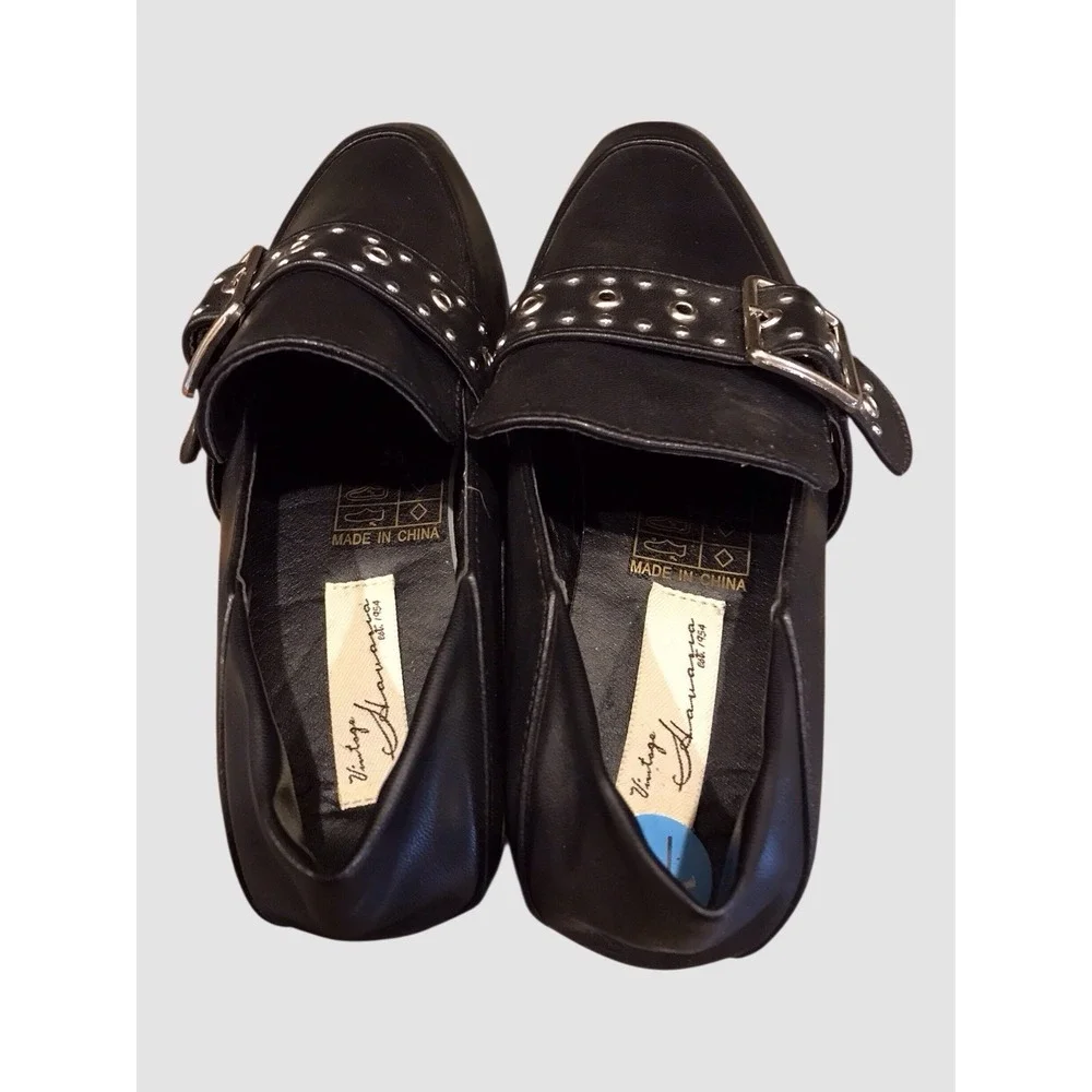 Vintage Havana Maureen Black Leather Studded Buckle Slip On Loafers Shoes Sz 7.5